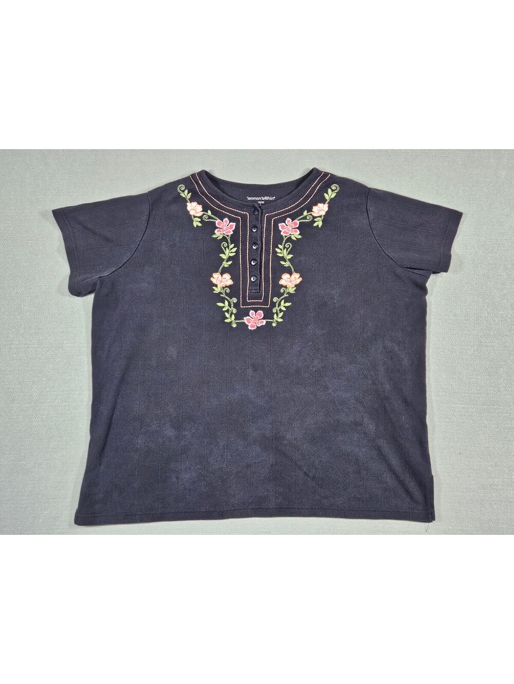 Woman Within Plus Size Black Ribbed Embroidered Henley Top 18/20
